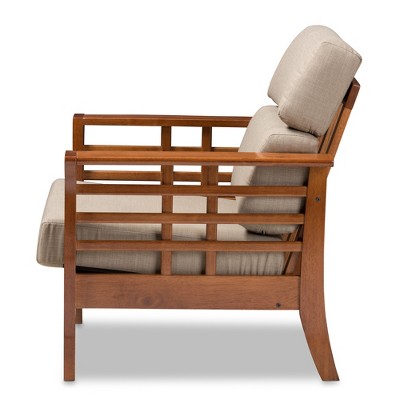 Beige Barrel Accent Chair with Cherry Wood Frame