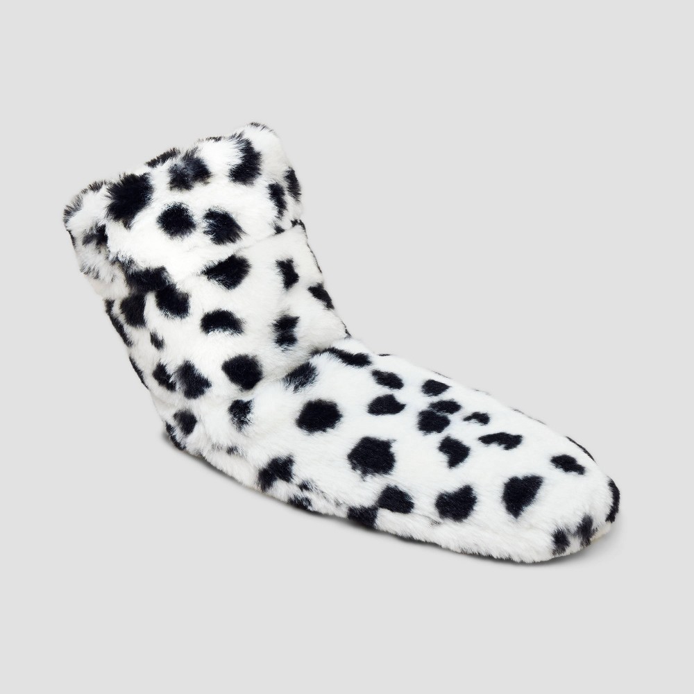 size S/M (5-7) Women's Snow Leopard Faux Fur Booties with Grippers - Ivory/Black 