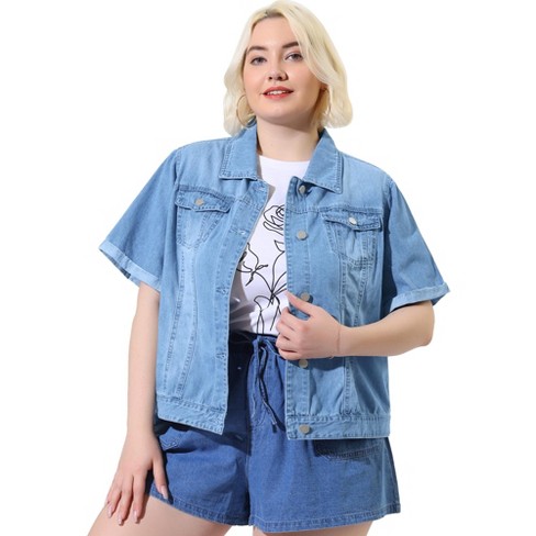 Short sleeve blue jean jacket cheap plus size