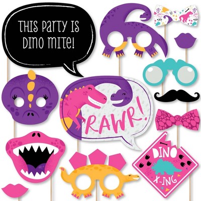 Big Dot of Happiness Roar Dinosaur Girl - Dino Mite T-Rex Baby Shower or Birthday Party Photo Booth Props Kit - 20 Count