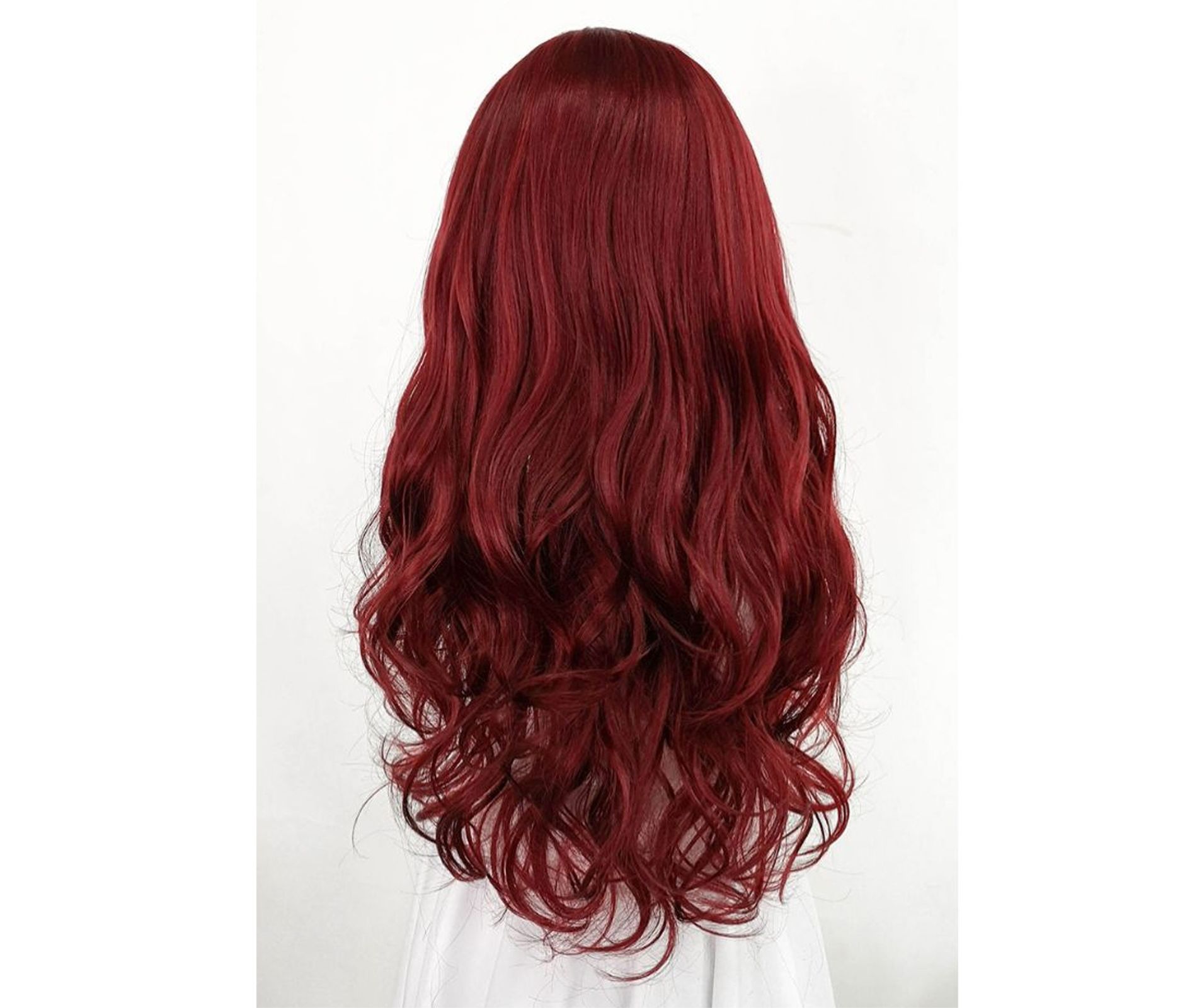 Long Wavy Wine-Red Synthetic Wig with Airy Bangs for Parties and Personal Styling