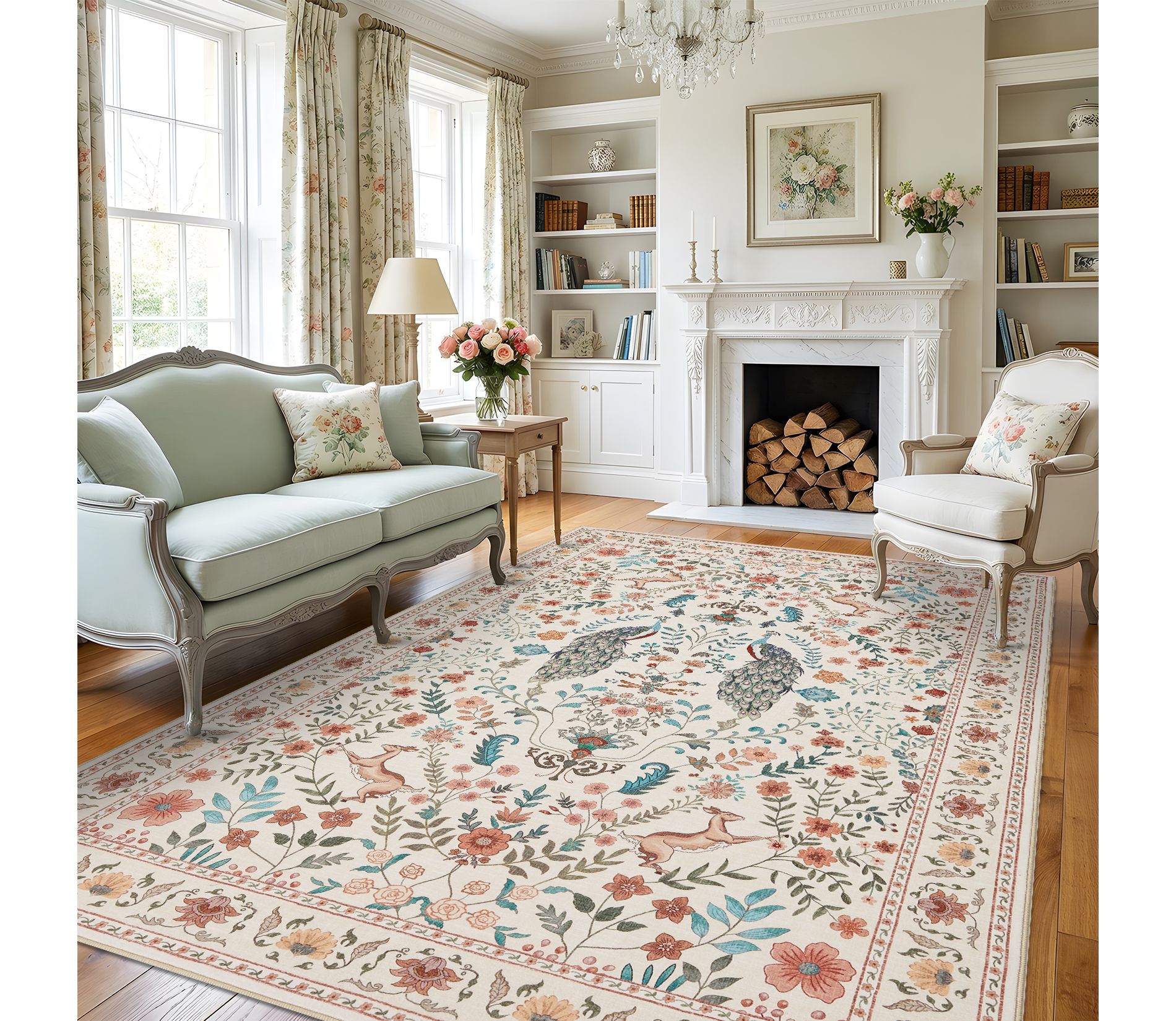 Washable Area Rug Non-Slip, Low Pile, Collapsible Carpet - Vintage Floral, Non-Shedding, Thin Mat - Perfect for Living Room, Bedroom, Dining Room
