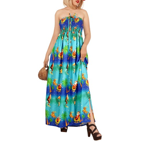 LA LEELA Women s A line Slit Smocked Maxi Casual Beach Dress Tube Top Evening Long Strapless Christmas Tree Dresses for Women L XL Blue