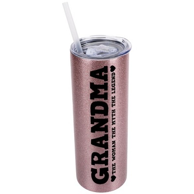 Elanze Designs Bubblegum Pink 20 Ounce Double Wall Stainless Steel Glitter Travel Tumbler With Sliding Lid And Straw, Grandma The Woman The Myth The