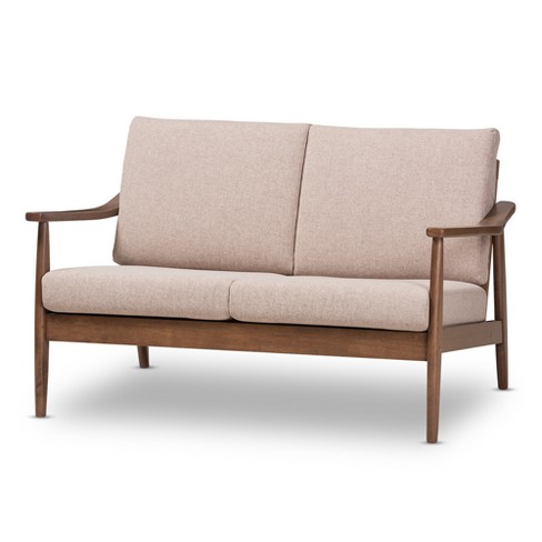 Venza Mid modern Walnut Wood Fabric Upholstered 2 Seater Loveseat