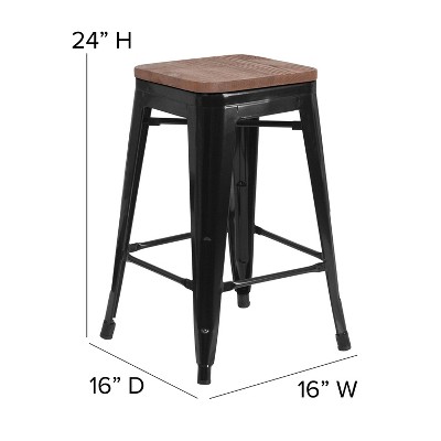 24" Black Metal and Wood Backless Counter Stool