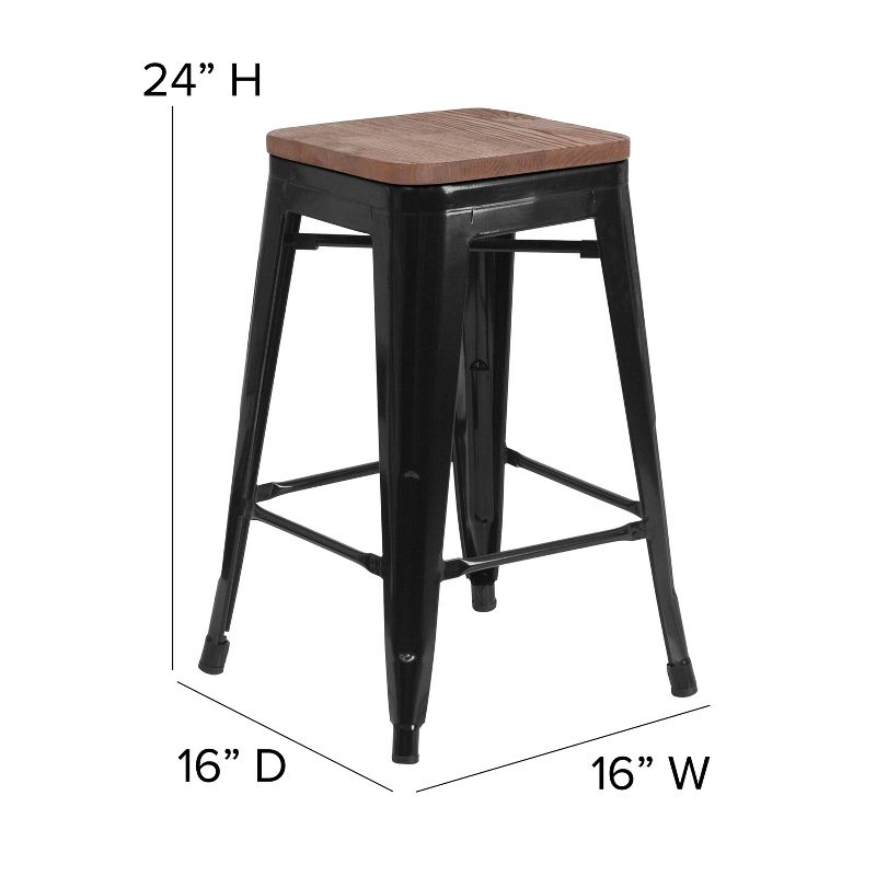 Emma and Oliver 24"H Backless Black Metal Counter Height Stool with Wood Seat, 6 of 14