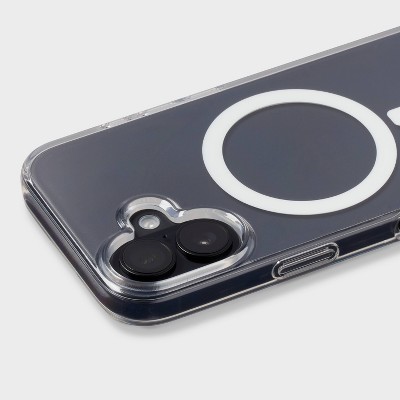 A clear phone case with a circular white design around the camera area.