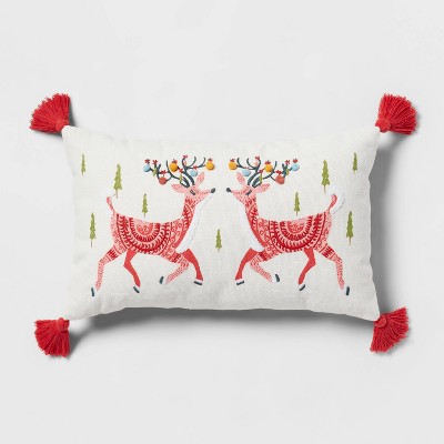 Holiday Deer Embroidered Lumbar Christmas Throw Pillow with Pom Poms Ivory - Threshold™