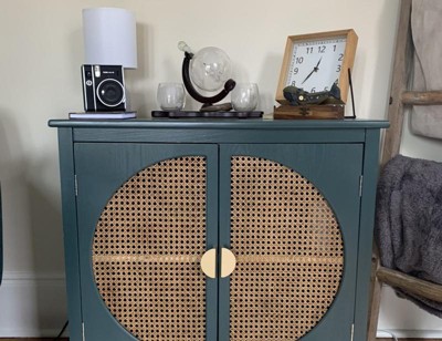 Crete Small Storage Cabinet with Drawers,5 Drawer Cabinet With Wood Texture  And Natural Rattan Storage Cabinet,Dark Green Finish-Maison Boucle