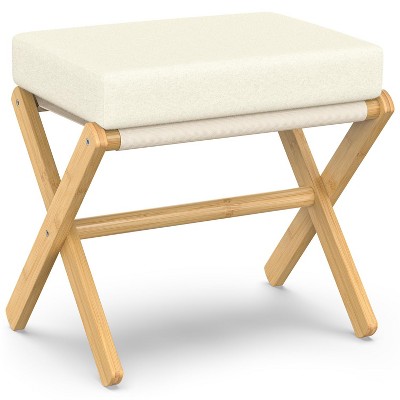 Bamboo folding footstool with bamboo X-legs and seat cushion, suitable for bedroom and living room use