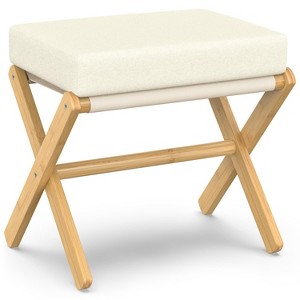 Bamboo folding footstool with bamboo X-legs and seat cushion, suitable for bedroom and living room use - 1 of 4