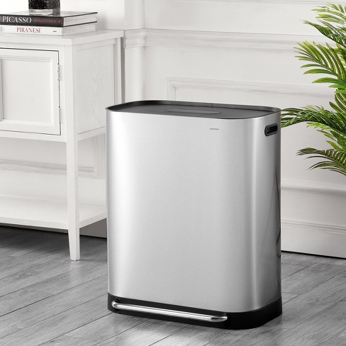 mDesign Metal Steel 60L Large Dual Compartment Step Trash Can - Brushed  Chrome