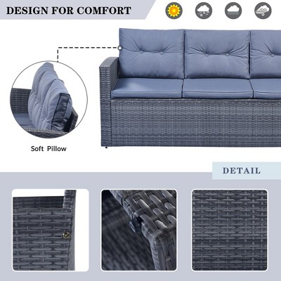 6-piece All-Weather Wicker PE rattan Patio Outdoor Dining Sectional Set with coffee table, wicker sofas, ottomans, removable cushions，Gray