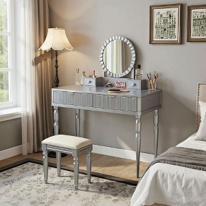 Resenkos Luxury Vanity Desk with Round Mirror,Height-Adjustable, Stylish Dressing Table Set, 4 Drawers & Stool, Silver - 1 of 4