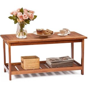 VINGLI Outdoor Wooden Coffee Table, 2-Tier Storage Rectangle Patio Coffee Table for Outside, Solid Wood Low Outdoor Table for Balcony Porch and Deck - 1 of 4