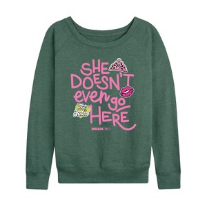 Women's - Mean Girls - She Doesn't Even Go Here Lightweight French Terry Wide Neck Long Sleeve Shirt - 1 of 4