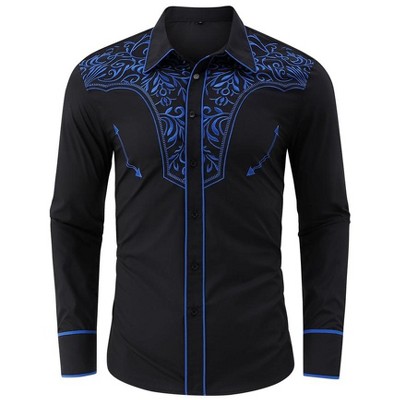 Men's Casual Western Embroidered Cowboy Shirts Button Up Long Sleeve Shirt Floral Design Retro Shirt