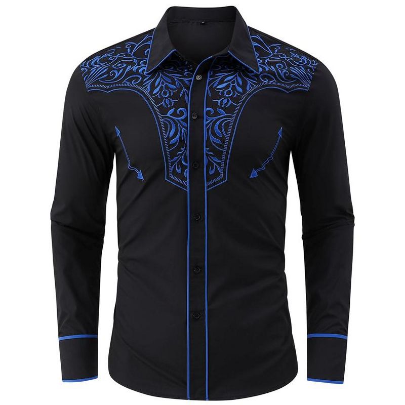 Men's Casual Western Embroidered Cowboy Shirts Button Up Long Sleeve Shirt Floral Design Retro Shirt, 1 of 7