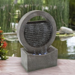 Round Cascade Outdoor Fountain - 18.5-Inch Modern Polyresin Waterfall with Stone Wall Design and LED Lights for Outdoor Decor by Nature Spring (Gray) - 1 of 4