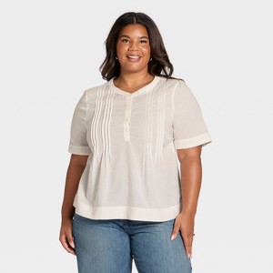 Women's Elbow Sleeve Button-Front Pintuck Blouse - Universal Thread™ - 1 of 3