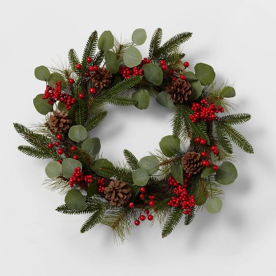 22" Mixed Greenery Artificial Christmas Wreath with Red Berries & Pinecones - Wondershop™
