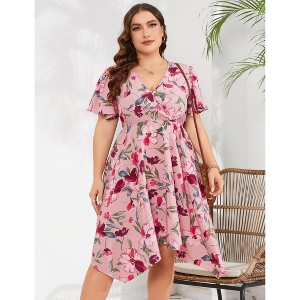 Garvee Women Plus Size Wrap V Neck Midi Dress Short Sleeves High Waist Irregular Hem Summer Casual Dress - 1 of 4