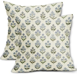 Blue Green Block Print Pillow Covers 18x18 Inch Set of 2, Vintage Floral Spring Decorative - 1 of 4