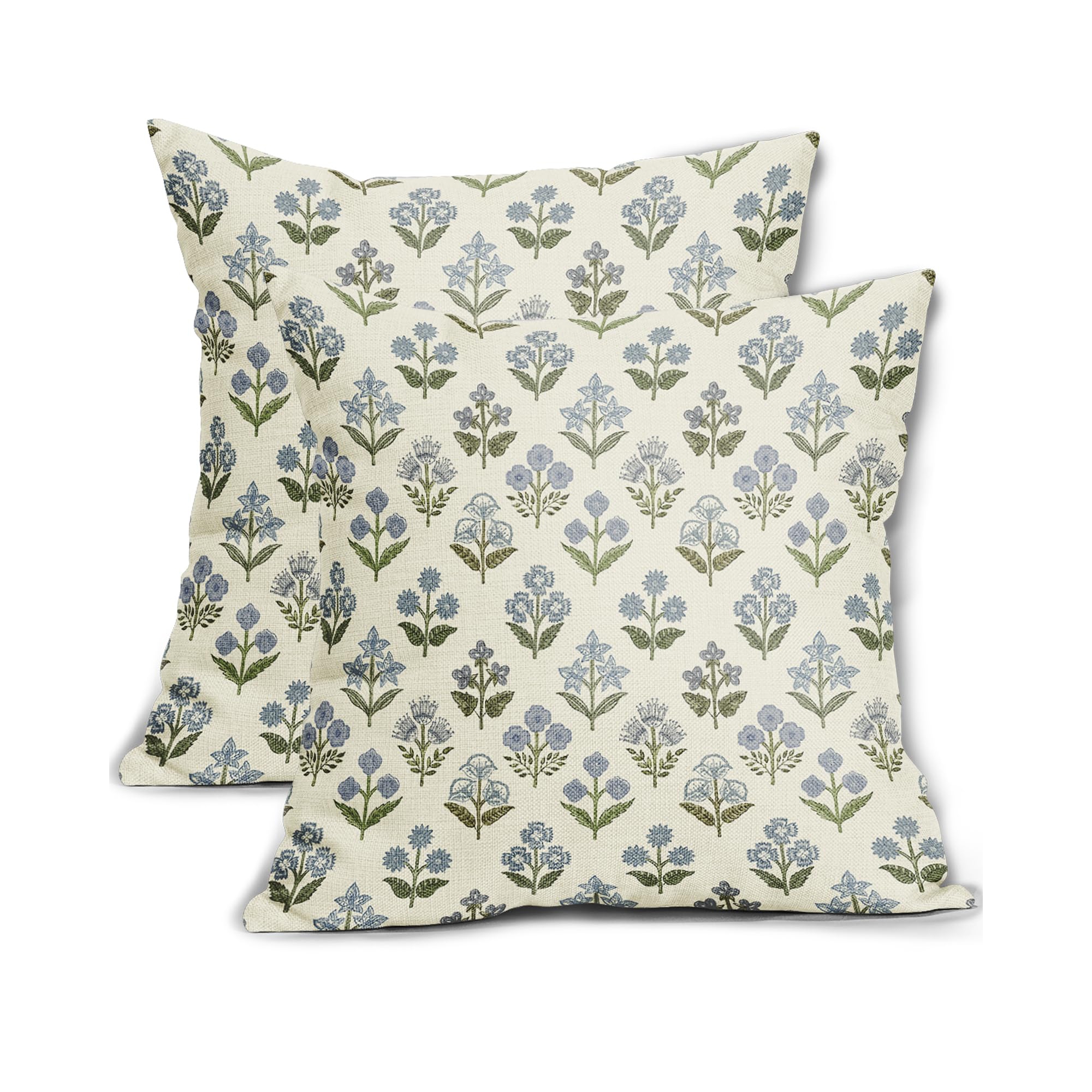 Blue Green Block Print Pillow Covers 18x18 Inch Set of 2, Vintage Floral Spring Decorative