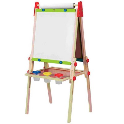 Hape E1010 Magnetic All in 1 Kids Height Adjustable Drawing Dry-Erase Chalkboard Wooden Artist Easel with 3 Paint Pots and Refillable Paper Roll