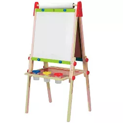 Hape E1010 Magnetic All in 1 Kids Height Adjustable Drawing Dry-Erase Chalkboard Wooden Artist Easel with 3 Paint Pots and Refillable Paper Roll