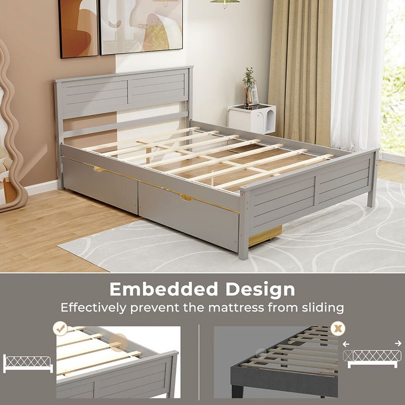 Tangkula Twin/Full Size Wooden Bed Frame w/ 2 Storage Drawers & Under-bed Storage Gray, 5 of 11