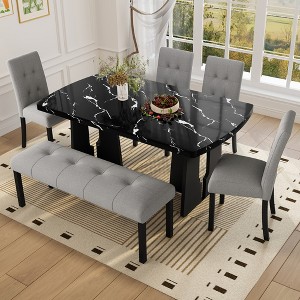 6-Piece Faux Marble Dining Table Set, Geometric Legs, 4 Tufted Upholstered Chairs & Bench - ModernLuxe - 1 of 4