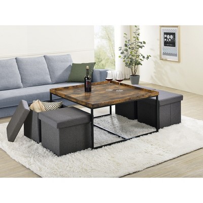 35" MDF and Wood 5-Piece Coffee Table Set with Raised Edge Top and Storage Stools for Living Room or Family Spaces