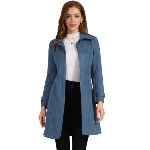 INSPIRE CHIC Women's Faux Suede Belted Long Zipper Jacket Small Blue