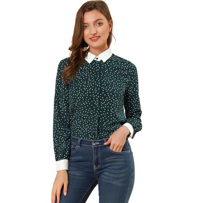Allegra K Women's Point Collar Long Sleeve Dots Printed Button Down Shirt