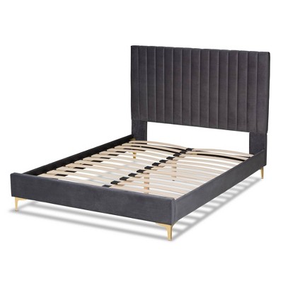 Serrano Full Size Grey Velvet Upholstered Platform Bed with Gold Legs