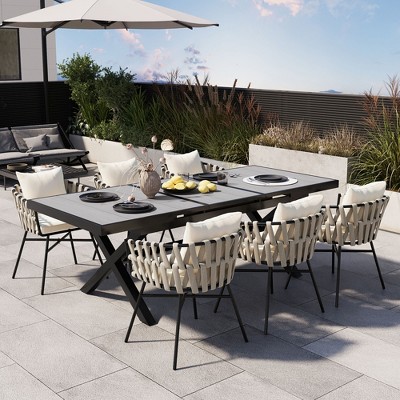 YOOCOZZ 7-Piece Outdoor Patio Dining Set with Extendable Plastic Wood Table and 6 Polyester Woven Chairs - Beige