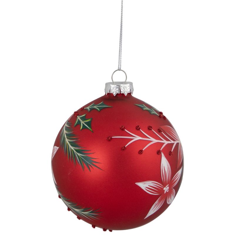 Northlight 4" Red Poinsettia and Holly Glass Christmas Ball Ornament, 4 of 5