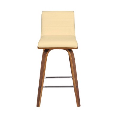 26" Cream Faux Leather and Walnut Wood Swivel Bar Stool