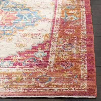 Ivory and Fuchsia Rectangular Cotton and Synthetic Rug