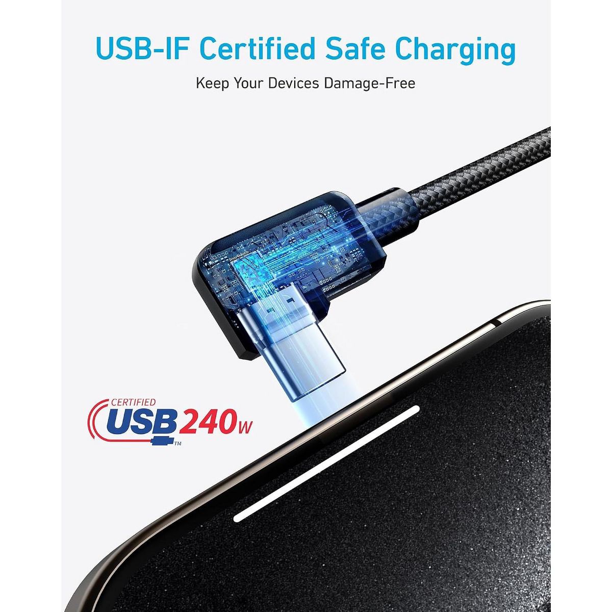Anker USB C to USB C Right-Angle Cable, 240W (2-Pack, 6 ft, Black) | 90-Degree Braided USB C Charging Cord for iPhone 17 Series and More - thumbnail 6
