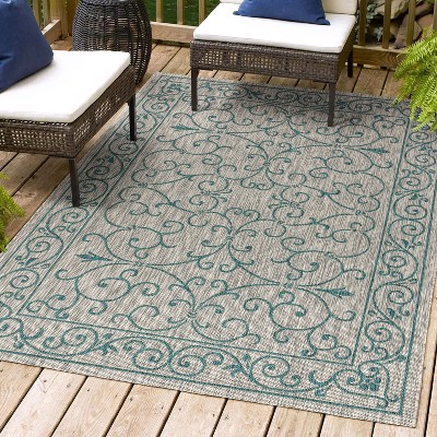 Boho-Chic Vintage Filigree Teal & Gray Synthetic Indoor/Outdoor Rug