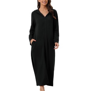 cheibear Women's Zip Up Sweatshirt Robe Hooded Long House Coat Bathrobe Fall Winter - 1 of 4