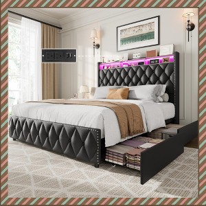 Garvee Queen Bed Frame with 50.8" Tall Headboard, 4 Storage Drawers, USB Charging Station & LED Lights, No Box Spring Needed, Easy Assembly - 1 of 4