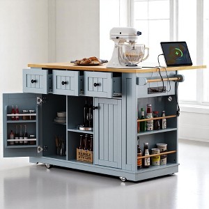 Kitchen Island Cart with Drop Leaf, USB, Storage Drawers, Spice Racks, Internal Door Shelves, Adjustable Cabinet, Mobile Serving Station for Kitchen - 1 of 4
