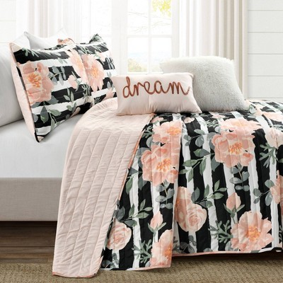 Full/Queen Black and Dusty Rose Microfiber Reversible Quilt Set