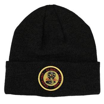 Cobra Kai Woven Embroidered Logo Patch Marled Acrylic Yarn Knitted Cuffed Beanie Hat for Men