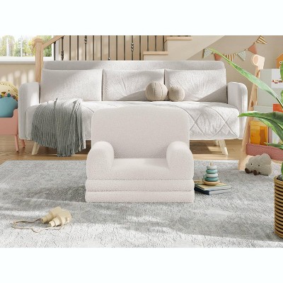 Kids Sofa Chair Convertible, Toddler Couch with Washable Cover, Crown Design Foldout Bed for Nursery, Playroom, Boys & Girls