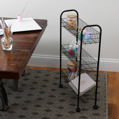 Slim Black Steel 3-Shelf Rolling Laundry Cart